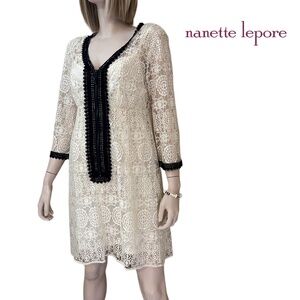 Nanette Lepore Sheath Dress Lace Crochet Zip Front Y2K Made in USA Linen Cotton